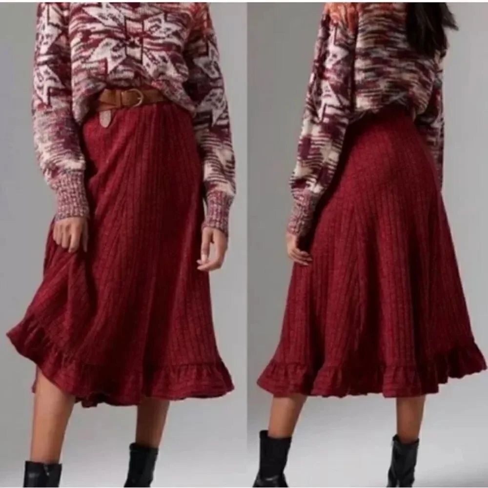 Anthropologie Pauline Midi Sweater Skirt Ruffle Hem XS